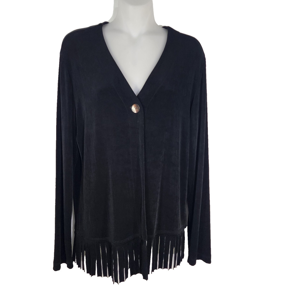 Chicos Travelers Cardigan Medium Womens Black Fringe Hem One Button Slinky Knit